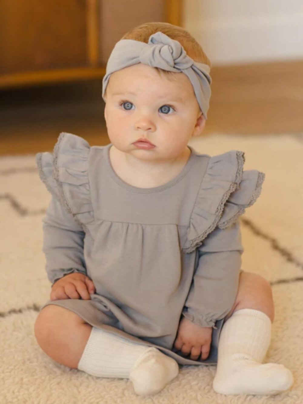 Quincy Mae - Grey Ruffle Long Sleeve Baby Dress